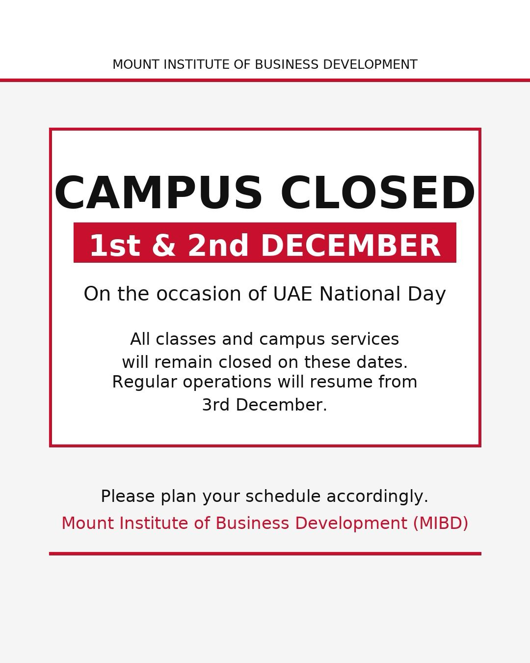 Campus holiday on 1st  and 2nd December